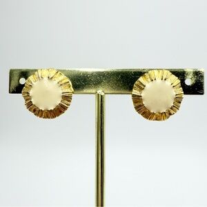Vintage Gold Tone Cream Enamel Sunburst Studs Earrings